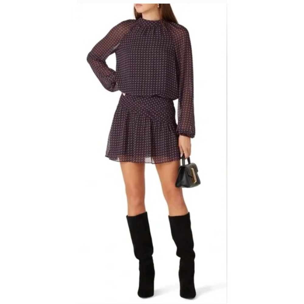 Ramy Brook Mini Dress Womens 2 Purple Geometric Print Tie Back Smocked Chiffon
